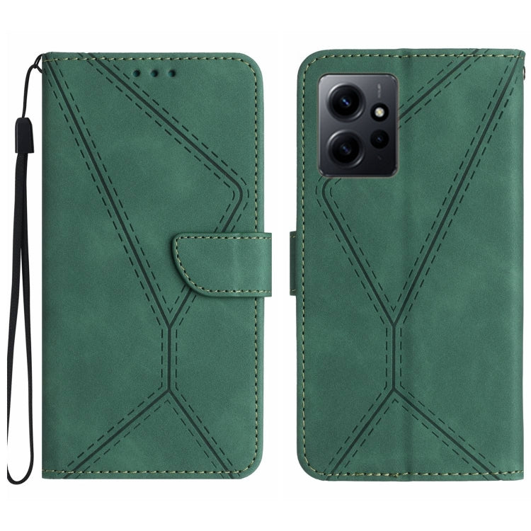 Green embossed leather phone case with stitched geometric pattern and wrist strap.