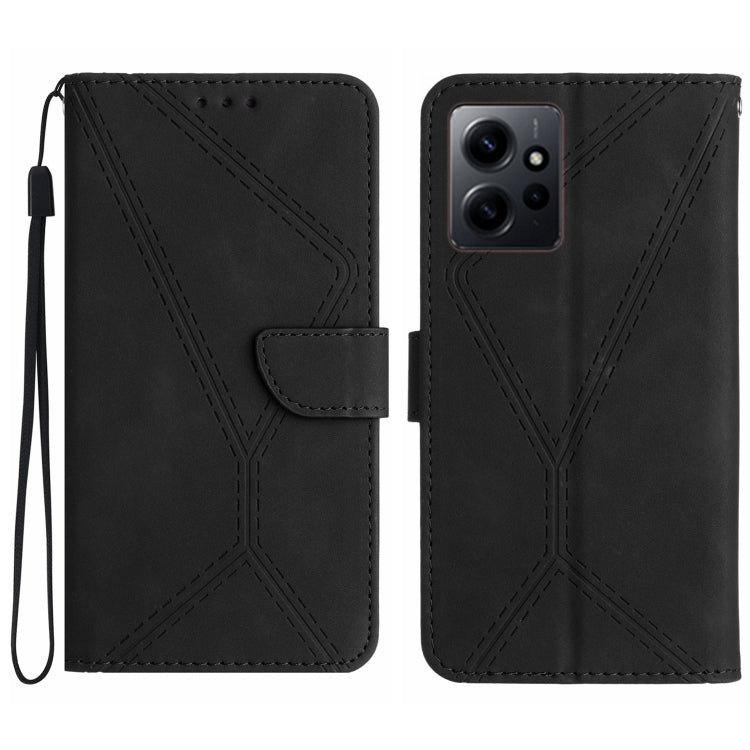 Black embossed leather phone case with stitched geometric pattern and camera cutout.