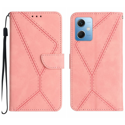 Pink embossed leather phone case with stitched geometric pattern and flip strap, camera cutout