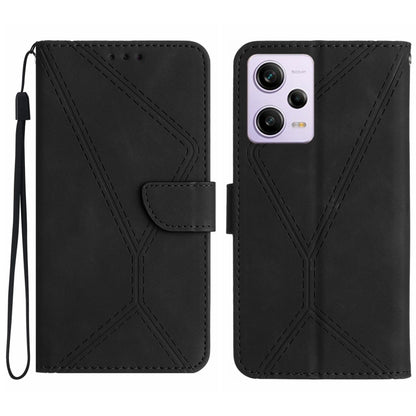 Black embossed leather phone case with stitched geometric pattern and flip strap, camera cutout
