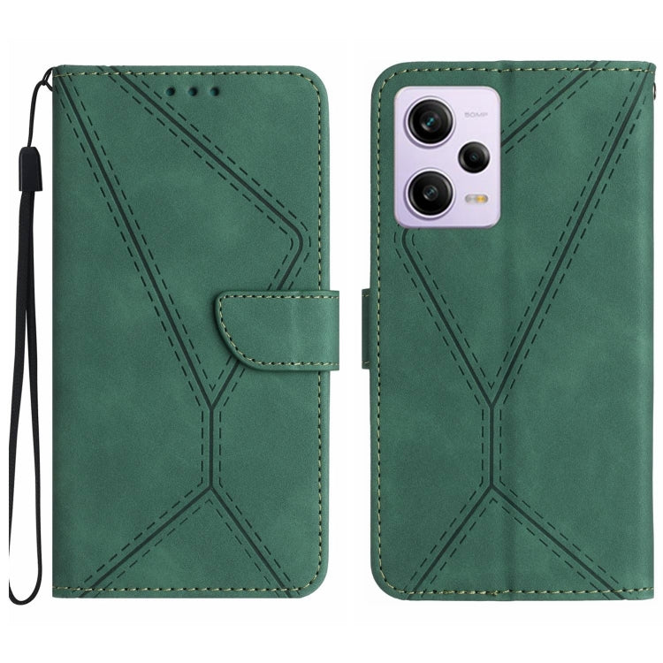 Green leather phone case with stitched geometric embossing and flip pocket, wrist strap