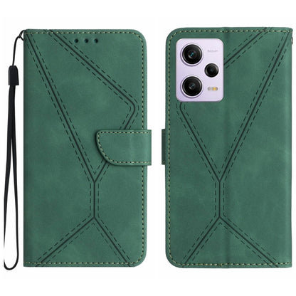 Green leather phone case with stitched geometric embossing and flip pocket, wrist strap