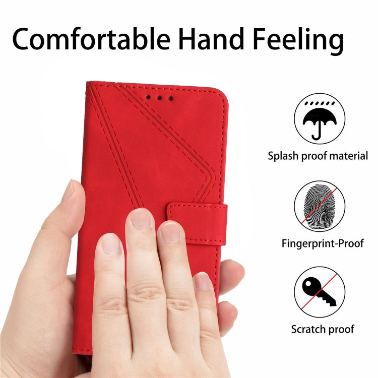 Red leather phone case with embossed stitching and protective flap