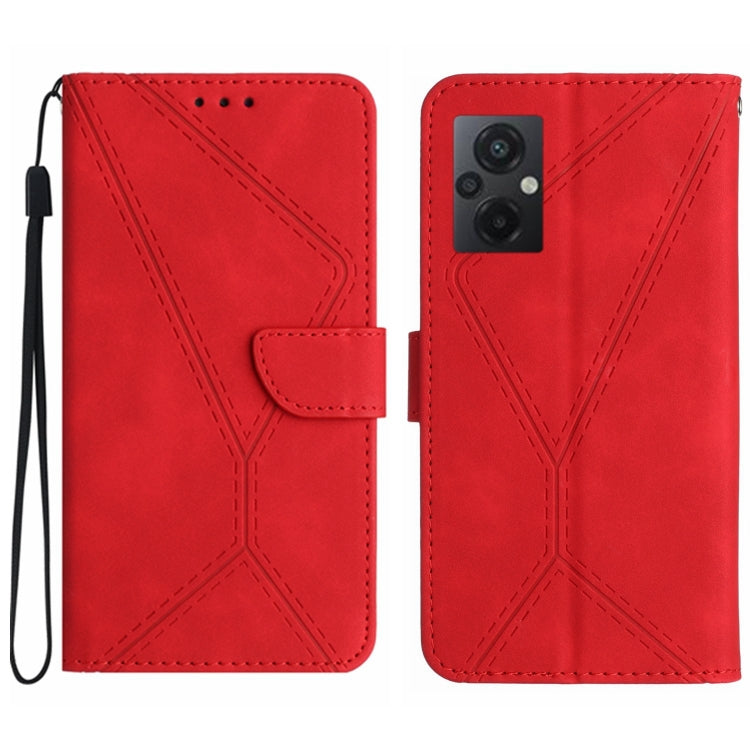 Red faux leather phone wallet case with embossed geometric stitching and front card pocket.