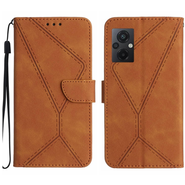 Embossed leather phone case, brown stitched geometric pattern, folio wallet with strap