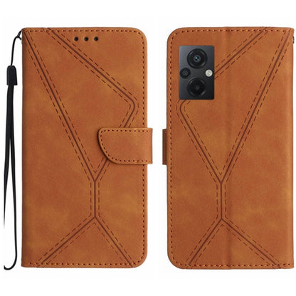 Embossed leather phone case, brown stitched geometric pattern, folio wallet with strap