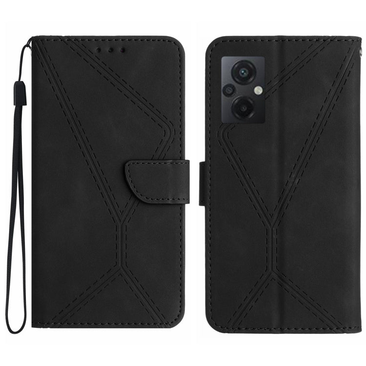 Embossed leather phone case, black stitched geometric pattern, folio wallet with strap