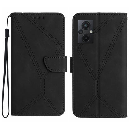 Embossed leather phone case, black stitched geometric pattern, folio wallet with strap