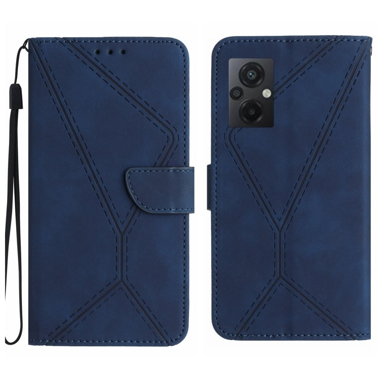Embossed leather phone case, blue stitched geometric pattern, folio wallet with strap