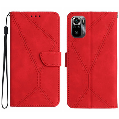 Embossed leather phone case, red stitched geometric pattern, folio wallet with strap