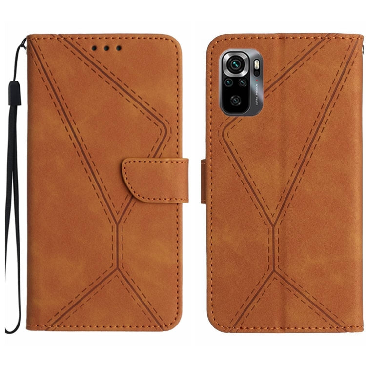 Embossed leather phone case, brown stitched geometric pattern, folio wallet with strap