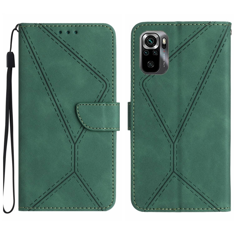 Embossed leather phone case, green stitched geometric pattern, folio wallet with strap