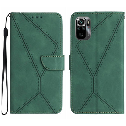 Embossed leather phone case, green stitched geometric pattern, folio wallet with strap