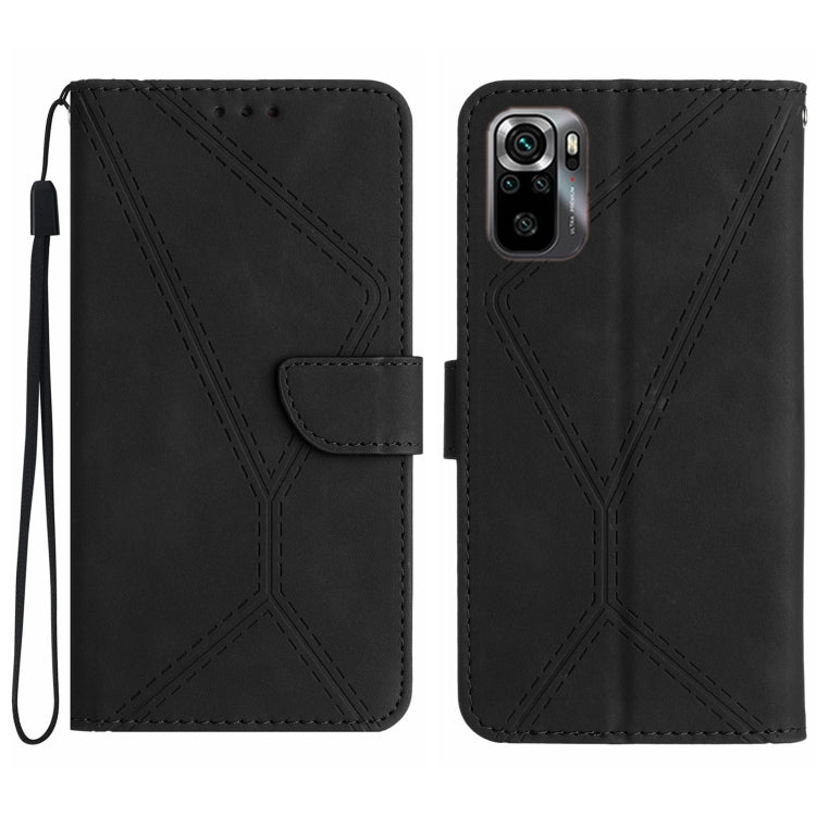 Embossed leather phone case, black stitched geometric pattern, folio wallet with strap