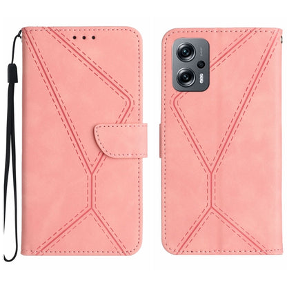 Pink embossed leather phone case with stitched geometric pattern and wrist strap.