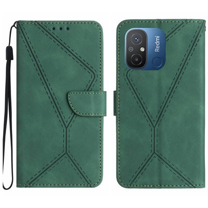 Green embossed leather wallet phone case with stitched geometric pattern and wrist strap