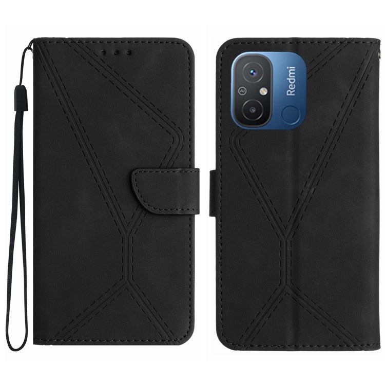 Black embossed leather wallet phone case with stitched geometric pattern and wrist strap