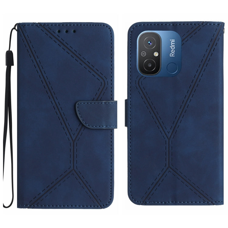 Blue embossed leather wallet phone case with stitched geometric pattern and wrist strap