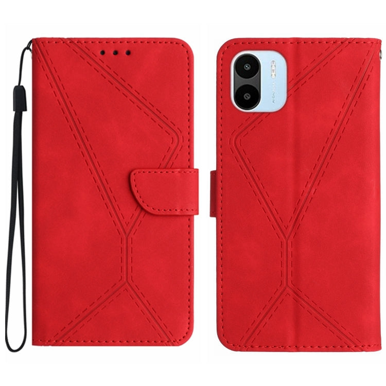 Red embossed leather phone case with stitched geometric pattern and camera cutout.