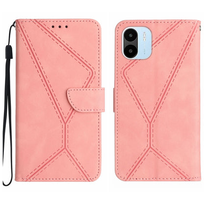 Pink embossed leather phone case with stitched geometric pattern and camera cutout.
