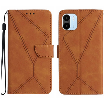 Brown embossed leather wallet phone case with stitched geometric pattern and wrist strap
