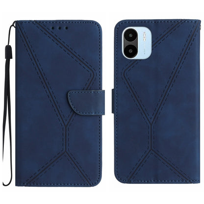 Blue embossed leather wallet phone case with stitched geometric pattern and wrist strap