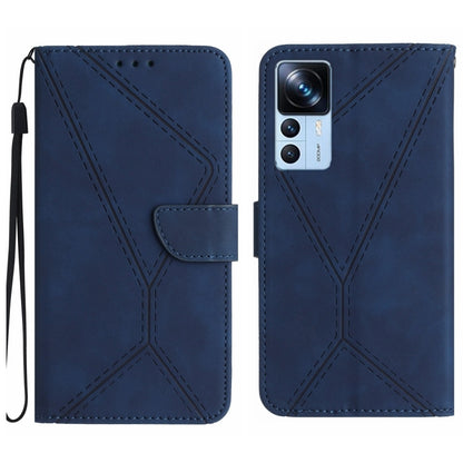 Blue faux leather phone wallet case with embossed geometric stitching and front card pocket.