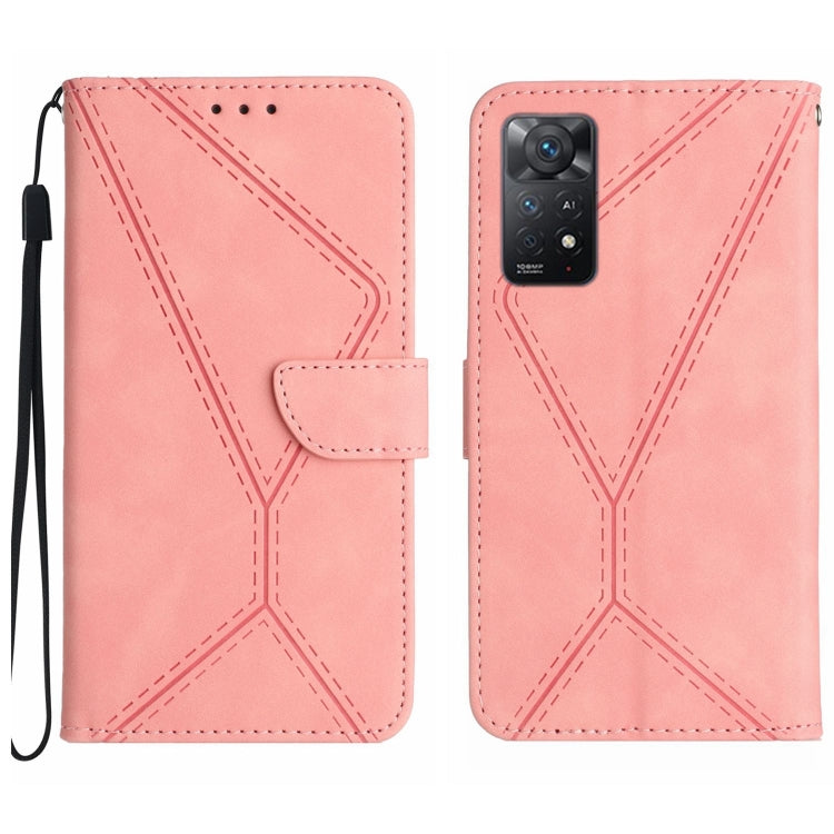 Pink leather wallet phone case with stitched geometric embossing and wrist strap