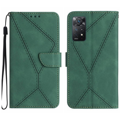 Green leather wallet phone case with stitched geometric embossing and wrist strap