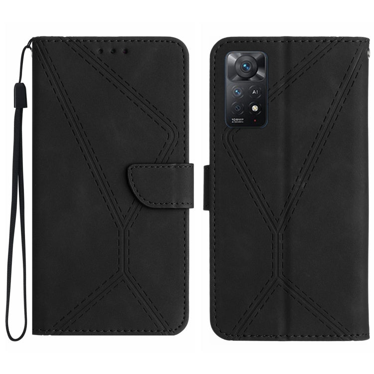 Black embossed leather phone case with stitched geometric pattern and flip strap, camera cutout