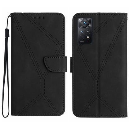 Black embossed leather phone case with stitched geometric pattern and flip strap, camera cutout