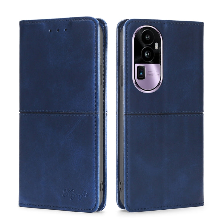 Blue cow-texture leather folio phone case with stitched flap and camera window