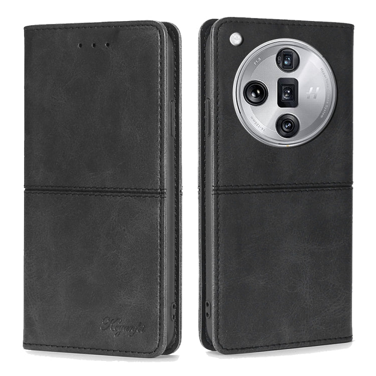 Black cow-texture leather folio phone case with stitched flap and camera cutout