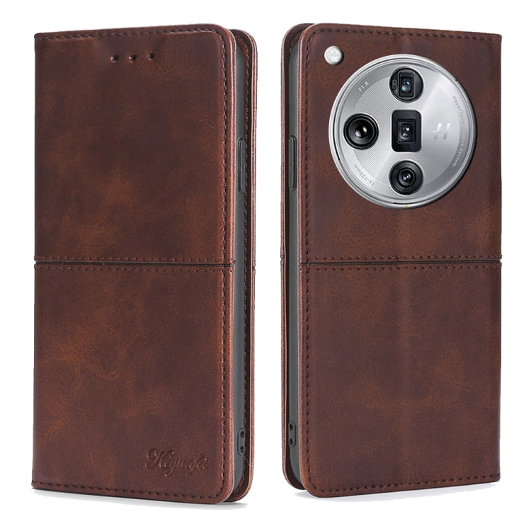 Dark brown cow-texture leather folio phone case with stitched flap and camera cutout