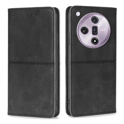 Black cow-texture magnetic leather phone case with folio flap and circular camera window
