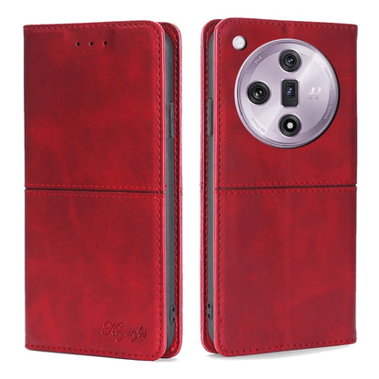 Red cow-texture magnetic leather phone case with folio flap and circular camera window