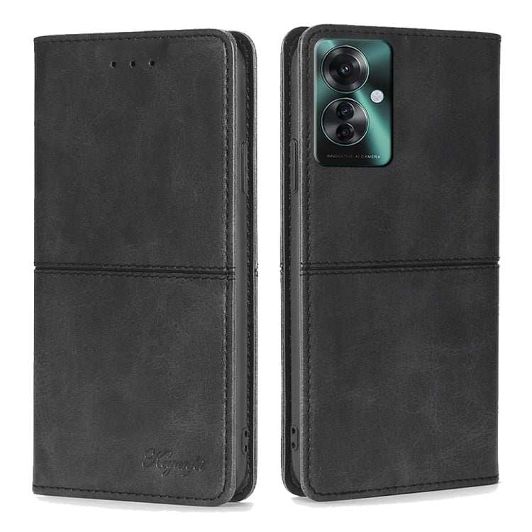 Black cow-texture magnetic leather phone case with folio flap and camera cutout