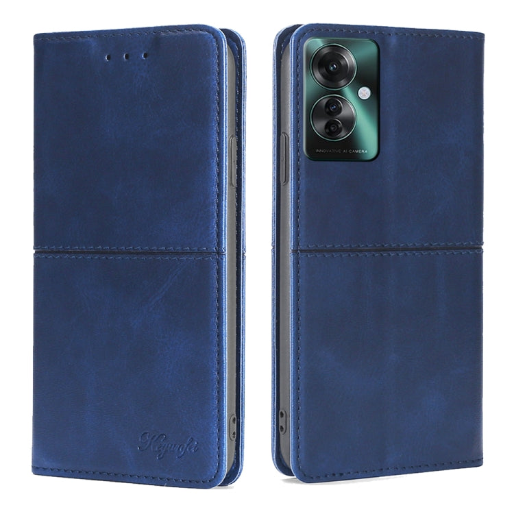 Blue cow-texture magnetic leather phone case with folio flap and camera cutout