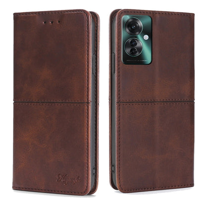 Dark brown cow-texture magnetic leather phone case with folio flap and camera cutout