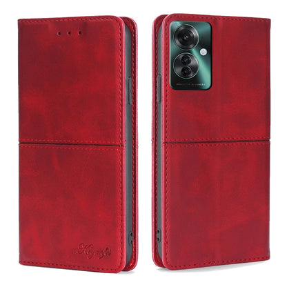 Red cow-texture magnetic leather phone case with folio flap and camera cutout