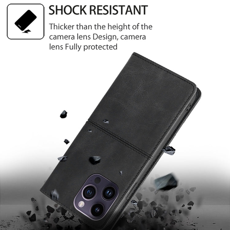 Magnetic leather wallet phone case, black, angled view with camera lens openings