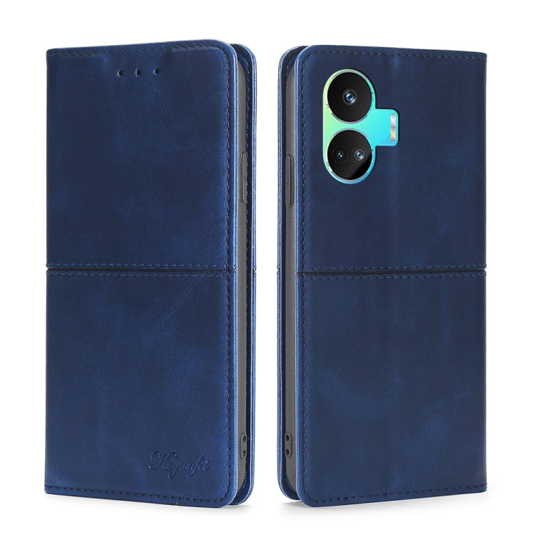 Blue cow-texture magnetic leather phone folio case, camera cutout