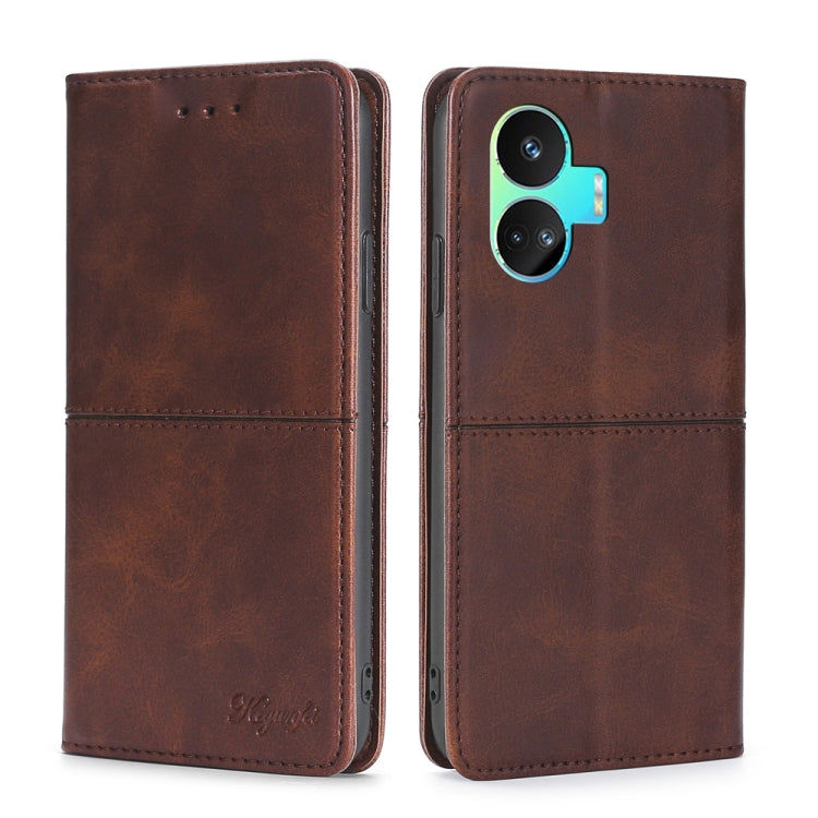 Dark brown cow-texture magnetic leather phone folio case, camera cutout