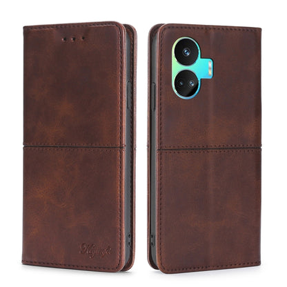 Dark brown cow-texture magnetic leather phone folio case, camera cutout