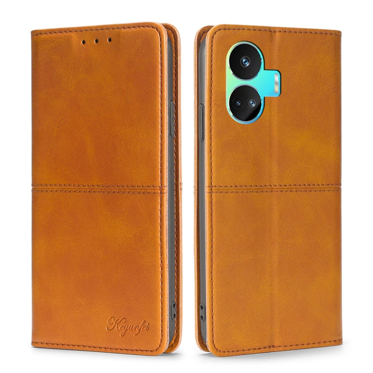 Tan cow-texture magnetic leather phone folio case, camera cutout