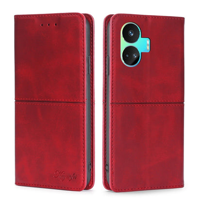 Red cow-texture magnetic leather phone folio case, camera cutout