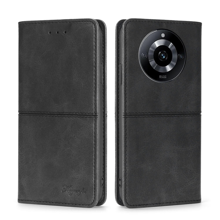 Magnetic cow-textured leather phone case with flip cover, black, with camera opening