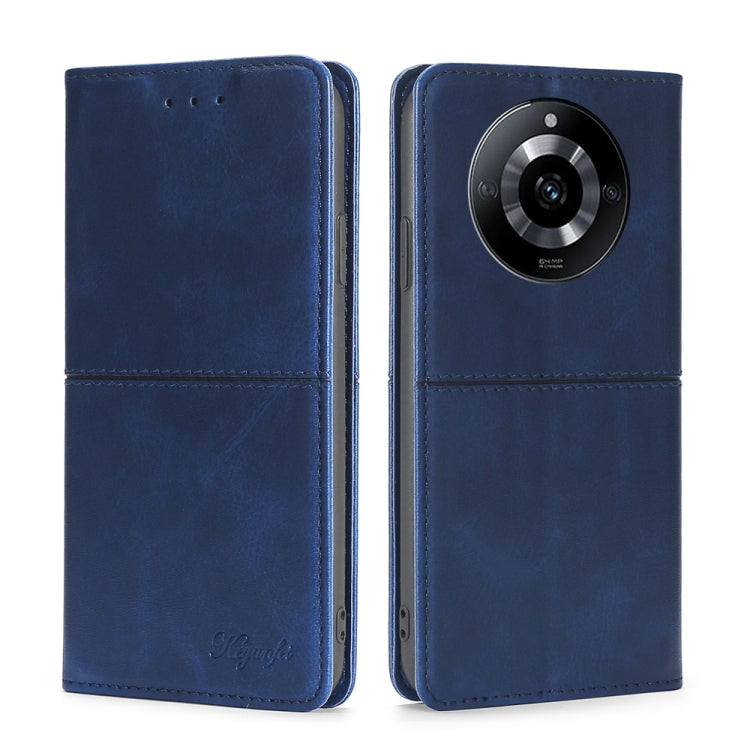 Magnetic cow-textured leather phone case with flip cover, blue, with camera opening
