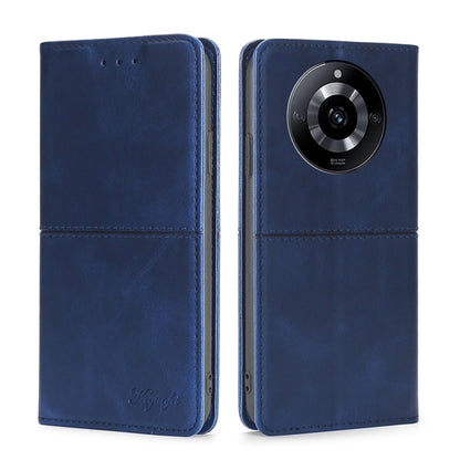 Magnetic cow-textured leather phone case with flip cover, blue, with camera opening