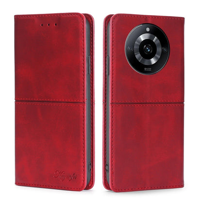 Magnetic cow-textured leather phone case with flip cover, red, with camera opening